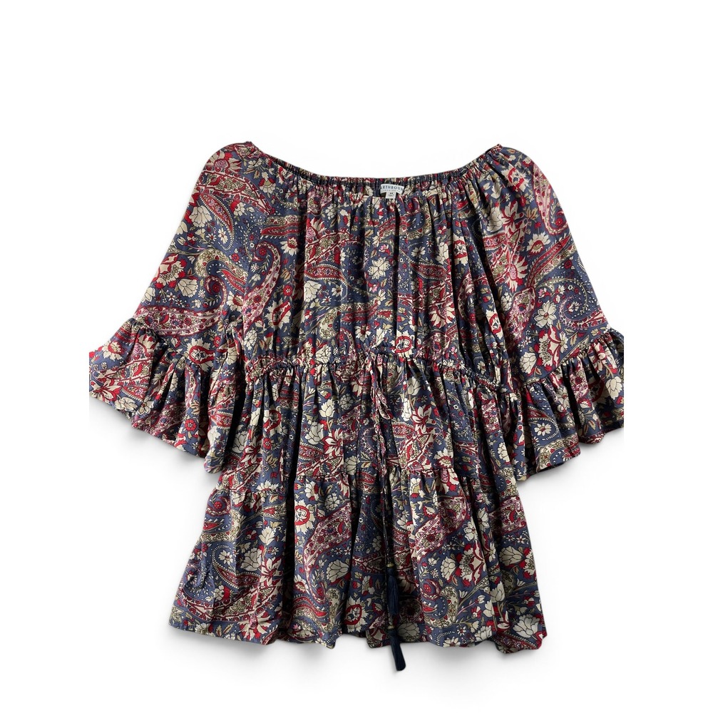 Earthbound Trading‎ Co. Peasant Top Paisley Bell Sleeves Size M Bardot Neckline